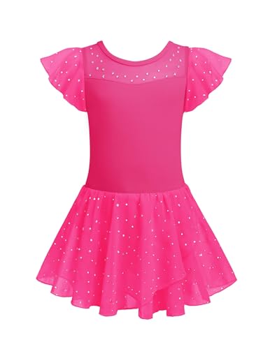 Zaclotre Girls Ballet Leotards Ruffle Sleeve Sparkle Dance Leotard - color: Hot Pink, size: 10-11 Years