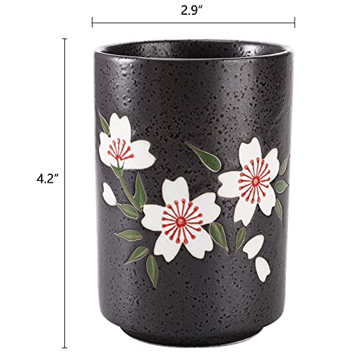 Hedume Set of 2 Japanese Tea Cups, 10oz Ceramic Teacup Mug, Japanese Cherry Blossoms and Line Design Ceramic Tea Cups Set for Green Tea, Matcha Tea, Bancha - size: 2 Count (Pack of 1)
