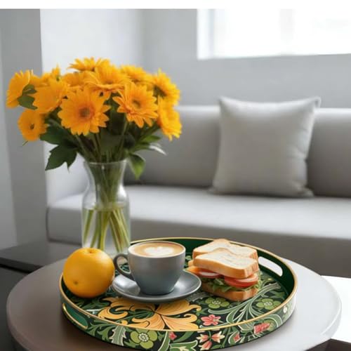 13 Inch Round Serving Tray with Handles,Modern Ottoman Coffee Table Tray - color: Round Tray-morris Dark Green