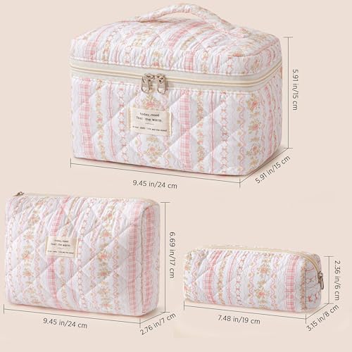 HBselect Quilted Makeup Bag, 3Pcs Cotton Large Travel Makeup Bags Organizer - color: A-3PCS-Floral 25
