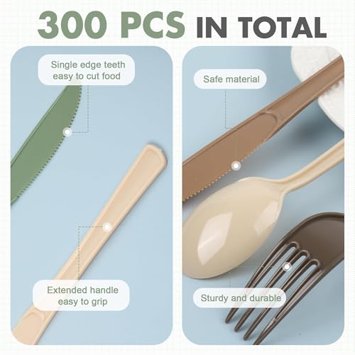 Kochorie 300 Pieces Woodland Plastic Silverware, Disposable Plastic Utensils, Heavy Duty Cutlery Set Heavyweight Flatware Includes Spoons Forks Knives for Birthday Wedding Forest Party Supplies - color: Woodland