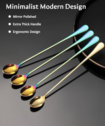 Long Handle Iced Tea Spoons, 9" 18/10 Stainless Steel Cocktail Stirring Spoons with Thickened Ergonomic Handle, Tall Coffee & Latte Stirrers, Dessert Spoon Set, Dishwasher Safe (9 IN) - color: Silver 9 IN, size: Round
