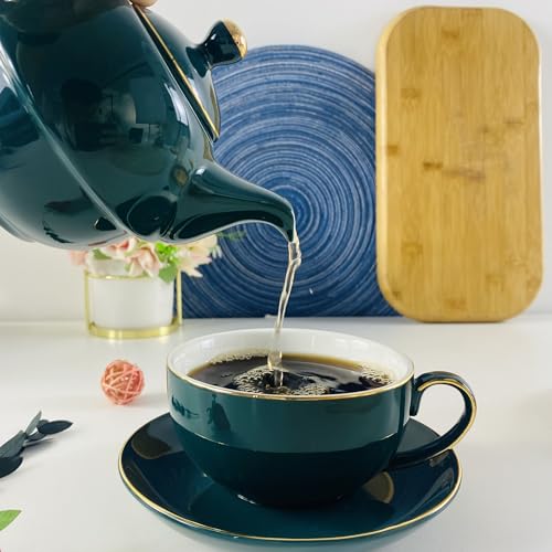 Ceramic Tea for One Set, 12oz Teapot& 8.2oz Cup (Peacock Green) - color: Peacock green