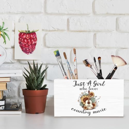 Western Cowgirl Pen Holder for Desk, Country Western Gifts Pencil Organizer, Just a Girl Who Loves Country Music Wooden Box Sign Desk Decor for Home Office Decoration - color: COUNTRY MUSIC