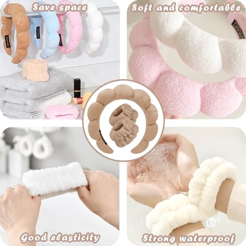Spa Headbands for Washing Face Wristband Set Sponge Makeup Skincare Headband Wrist Towels Bubble Soft Terry Towel Cloth Hairband for Women Puffy Headwear Non Slip Thick Thin Hair Headwear (Coffee) - color: Coffee