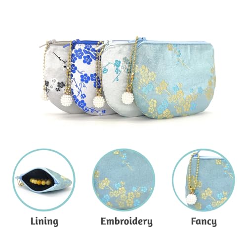 Handmade Women Coin Purse Brocade Rosary Bag Silk Jewelry Pouch Zipper Wallet - Turquoise - color: Turquoise