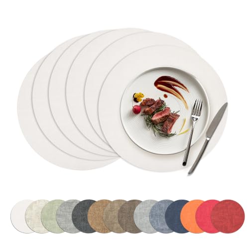 Placemats Set of 6, 15 Inch Round Faux Leather Place Mats - color: R-white