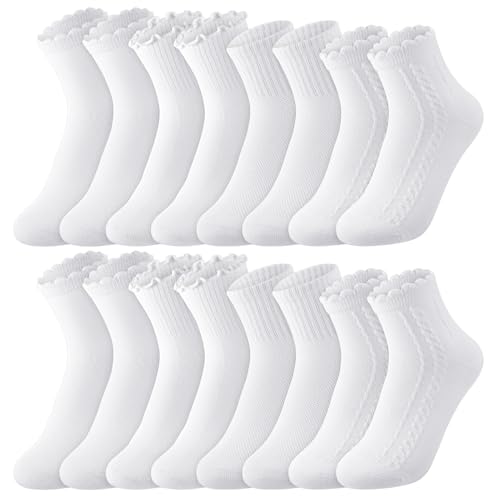 8 Pairs Girls Ruffle Crew Socks, Cute Frilly Soft Cotton Socks - color: White, size: 3-5T