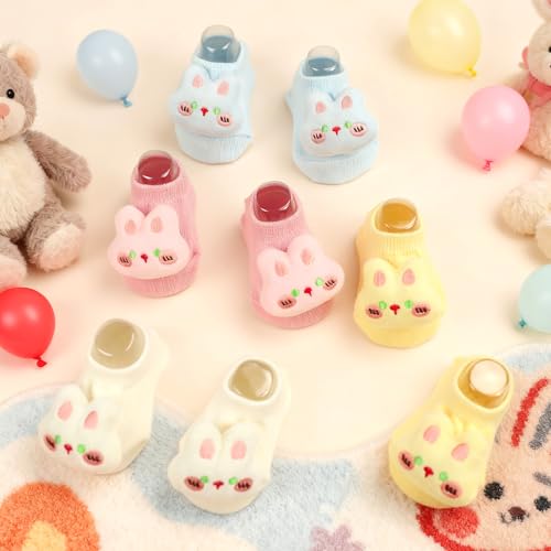 4 Pairs Baby Girl Socks with Non-Slip Grips,Cute Rabbit Low Cut Ankle Socks for Newborn Toddler Infants 0-6 Months - color: Pink Blue White Yellow
