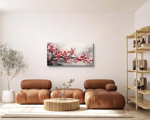NAN Wind Asian Wall Art Traditional Chinese Decor Oriental Red Cherry Plum Blossom Canvas Pictures for Wall Decor for Living Room Landscape Artwork Framed Ready to Hang - color: Red-One Piece-1, size: 24x12 inches (1 piece)
