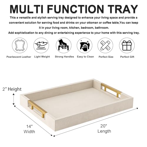 Beige Faux Leather Serving Tray with Handles – Large Decorative Tray for Coffee Table, Ottoman, Living Room, Bathroom – Home Decor - color: Beige, size: 20" x 14" x 2"