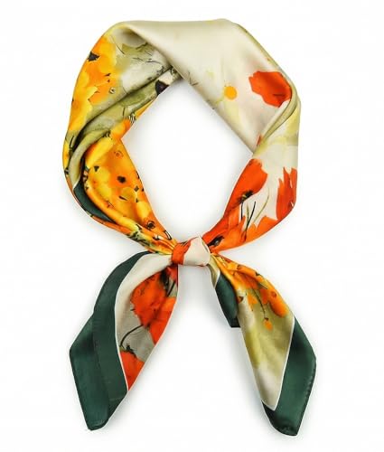 corciova Women’s Square Scarf 27.5 in (70 x 70 cm), Satin-Feel Polyester, Lightweight Fashion Scarf for Hair, Neck and Bag - color: Floral (Orange / Green / Yellow)