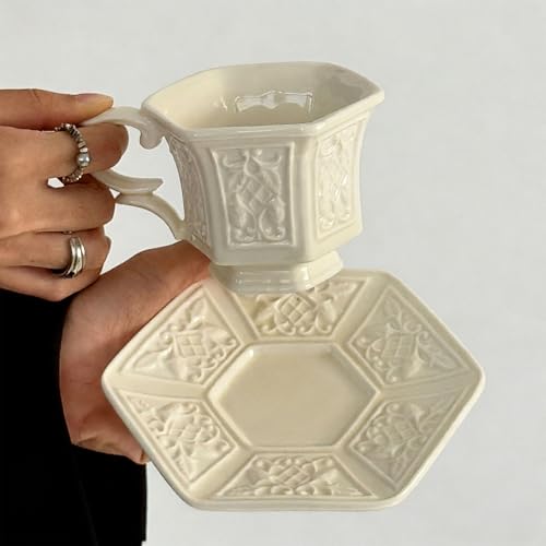 KAMMAK Tea Cups and Saucers Set of 2, 6 oz Porcelain Coffee Cups, SY003 - size: 8CZSY003