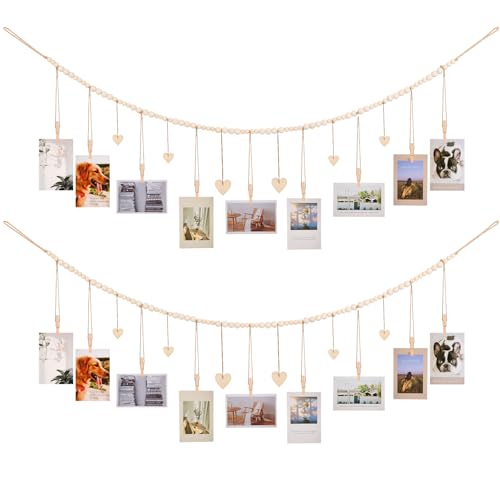 KLOGTSIND Hanging Photo Display with Clips, Wood Bead String Photo Banner