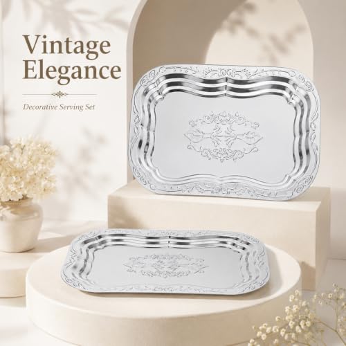 4 Pcs Large Silver Serving Trays, 15.7x10.8 in Stainless Steel Rectangular Serving Tray, Decorative Floral Engraved Platters for Party, Wedding, Buffet, Home Kitchen - size: 15.7x10.8 in