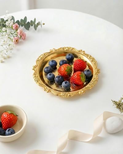 Gold Decorative Tray Set of 2, 8'' Round Vintage Metal Vanity Tray for Perfume, Small Ornate Jewelry Dish, Bathroom Counter Organizer, Coffee Table Decor - color: Gold, size: 8''