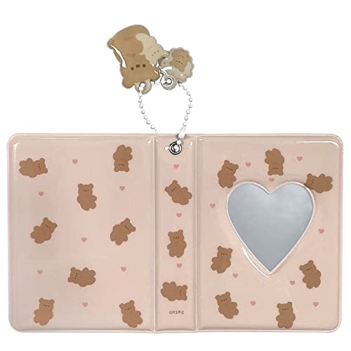 3 Inch Mini Photo Album, Heart Hollow Card Binder Photo Card Holder with Pendant 40 Pockets (beige bear) - style: beige bear