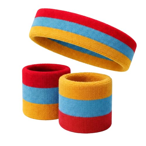 COUVER 3 Color Striped Sports Sweatband Set - color: Gold Yellow/Sky Blue/Red