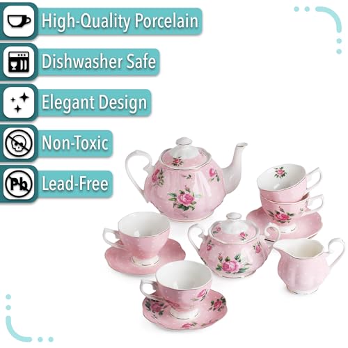 BTaT- Floral Tea Sets for Adults, 13 pcs, Service for 4, Pot (38 oz) & Cups (8 oz) with Saucers, Pastel Pink Floral Design with Gift Box, Porcelain Tea Set for Adult, Dishwasher Safe - color: Pink