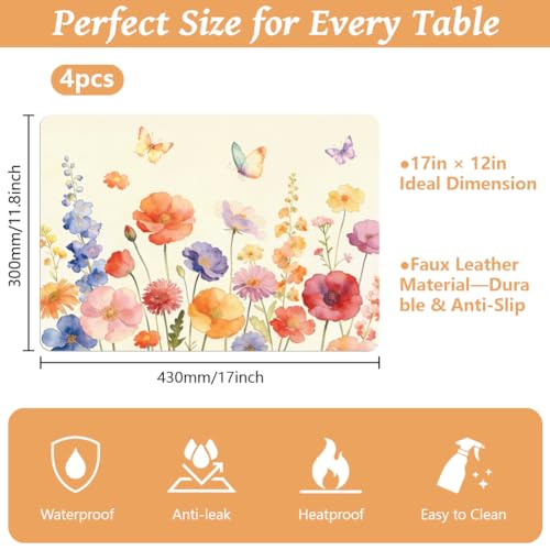 Peacoblue Placemats Set of 4,Faux Leather Wildflower and Butterflie Design - style: Wildflowers and Butterflies