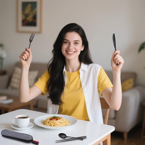 5 Piece Travel Utensils Set With Case, Stainless Steel, Black - color: Black