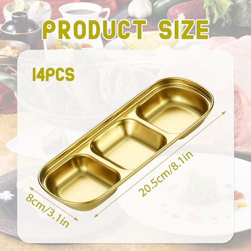 14 Pcs Soy Sauce Dish Stainless Steel Divided Dip Bowls Korean Sauce Plate Seasoning Dipping Condiment Tray for Sushi BBQ Vinegar Spice Salt Sugar Flavor Home Kitchen Restaurant (Gold, 3 Compartment)