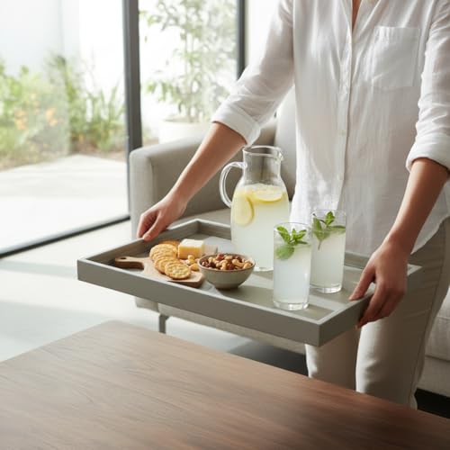 20x14 Inch Rectangular Ottoman Tray | Textured PU Leather, Waterproof & Heat-Resistant Storage for Coffee/Dining Tables, Sofa, Bed, Entertainment & Party (Tranquil Beige, 20 * 14in) - color: Tranquil Beige, size: 20" x 14" x 1.5"