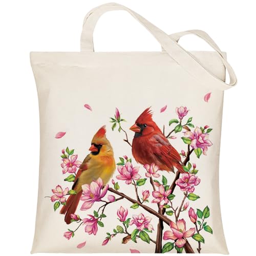 Louise Maelys Cardinal Pair Canvas Tote Bag For Women with Zipper Pocket - style: Cardinal Flower