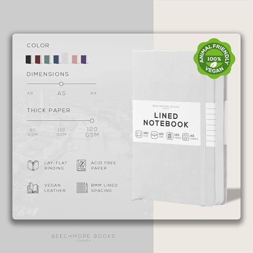 BEECHMORE BOOKS Lined Journal Notebook, 5.8" x 8.3", A5 160 Lined Pages, Hardcover Leather Journals for Women, Men, Writing and Notebooks for Work - 120 GSM Thick Paper, Gifts Box Included - color: Snow White, size: A5 - 5.8" x 8.3" Medium