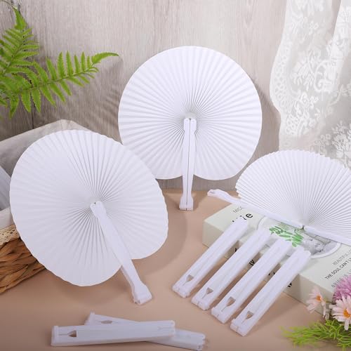 Aneco 200 Pieces Round Paper Folding Fans, White Foldable Handheld Fans with Plastic Handle, Wedding Decorative Folding Hand Fan with Storage Basket for Bridal Guest Church Party Favors DIY Crafts