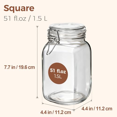ComSaf Square Glass Jars with Airtight Lids 51 oz 3 Pack Wide Mouth - size: 51 fl oz x 3
