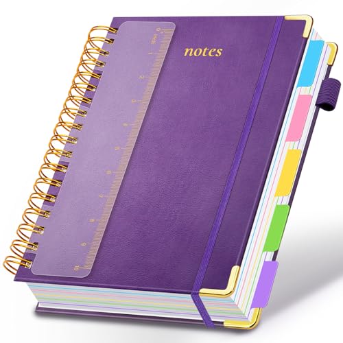 Hardcover Spiral Notebook 8.5"x11" Journal Notebook with Tabs and Removable Dividers 300 Pages 5 Subject Notebook College Ruled, Faux Leather Spiral Bound Notebook for Women School Work (Purple) - color: Purple, size: 8.5"x11"(A4)
