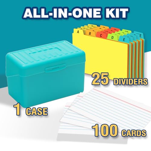 H4D 3x5 Index Card Holder with 100 Index Cards and 25 Dividers, Teal - color: Teal, size: 3"x5"