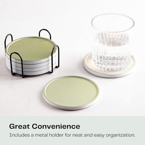 Set of 6 Beige and Green Coasters with Holder, Absorbent Ceramic Drink Coasters with Cork Backing for Table Protection, Table Decor, Housewarming Gifts - color: Green Series