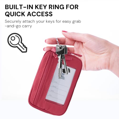 Wristlet Wallet for Women with Clear ID Window, Zip Coin Purse and Keychain - color: Raspberry