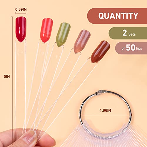 Subay 100pcs Fan-shaped Nail Swatches Sticks with Number Stickers, False Fake Nail Art Tips Sticks Polish Gel Salon Display Practice Tools with Metal Split Ring Holder - color: Clear 100Pcs