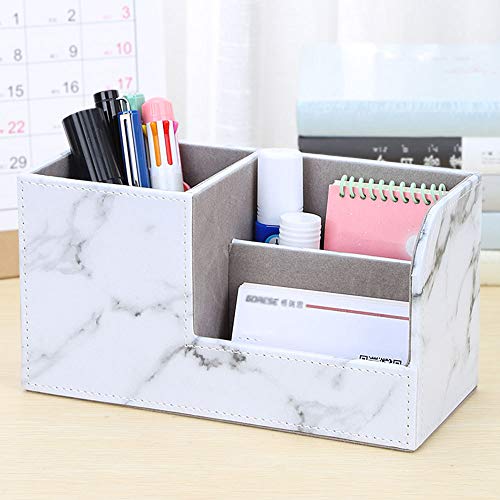 Leather Multi-Function Desk Stationery Organizer Storage Box Pen/Pencil, Cell Phone, Business Name Cards, desk organizers (White Marble) - color: White Marble