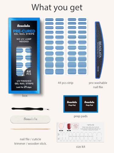 Real Gel Nail Strips (No UV Light Needed) - 44Pcs Salon Quality Nail Stickers - Long Lasting Polish Wraps for Women, Easy Apply & Remove (Coastal Blue Stripe) - color: Coastal Blue Stripe