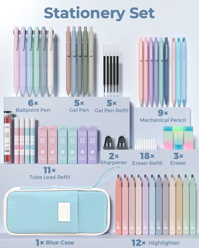 Four Candies 56PCS School Supplies with Pencil Case, Stationery Set, Blue - color: Blue