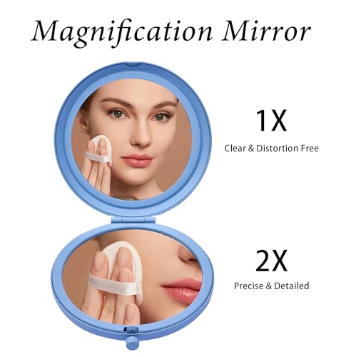 Compact Mirror for Purse, Metal Round Shell, Double-Sided 1X/2X Magnifying, Portable Travel Makeup Mirror, Mini Pocket Mirror, Baby Blue, 4 Packs - color: Baby Blue