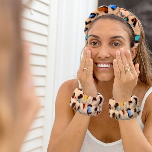 Tetizo Spa Headbands for Washing Face Wristband Set Sponge Makeup Skincare Headband Wrist Towels Bubble Soft Terry Towel Cloth Hairband for Women Puffy Headwear Non Slip Thick Thin Hair Headwear - color: Leopard brown