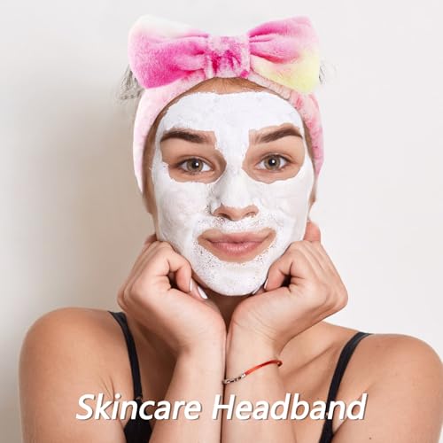VELSCRUN Spa Headband, Makeup Face Wash Skincare Headbands, 5 Pcs Pink Colorful Sponge Bow Tie Get Ready HairBand Facial Wristband Hair Clips Set, Stuff for Teen Girls Women Trendy Hair Accessories - color: Hot Pink Colorful