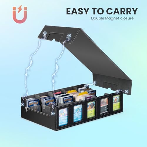 Trading Card Storage Box with Commander Display, 5-Row Deck Case with Removable Lid & Handle, 4000+ Card Organizer with 48 Colorful Dividers & 5 Stoppers for MTG, Black & Grey - color: Black & Grey, size: 4000+, with Handle