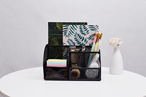 Annova Mesh Desk Organizer Office with 7 Compartments + Drawer/Desk Tidy Candy/Pen Holder/Multifunctional Organizer (Black) - color: Black