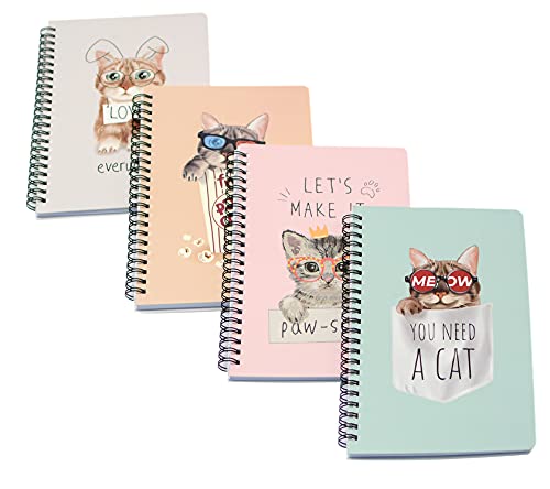 Yansanido Spiral Notebook, 4 Pcs A5 Thick Cat Design Hardcover 8mm Ruled 4 Color 80 Sheets -160 Pages Journals for Study and Notes (Cat) - style: Cat