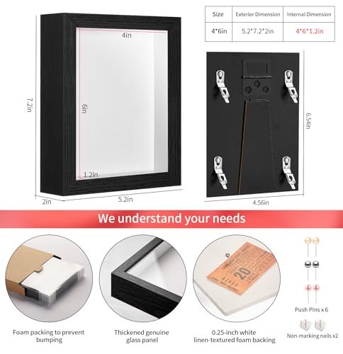 4x6 Small Shadow Box Picture Frame with Real Glass and Linen Back - color: Black + Thickened Panel + Foam Packaging, size: 4x6