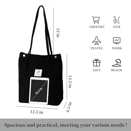 Corduroy Tote Bag Cute Tote Bags for Women Shoulder Bag with Inner Pocket for Work Beach Travel and Shopping Grocery - style: Black