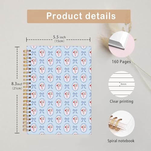 MOFUYU Blue Bow Spiral Notebook for Women,Cute Notebooks for School - color: Strawberry(pink)
