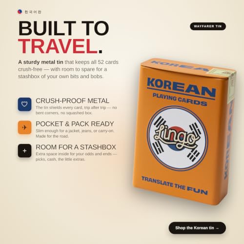 Playing Cards in Tin Box | Sturdy Travel Case | Hangul Language Learning Game Set with Useful Phrases | Fun Visual Korean Flashcard Deck to Increase Vocabulary and Pronunciation Skills