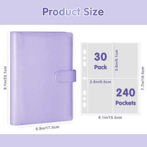 A5 Kpop Photocard Binder with 30 Pack 4-Pocket Card Pages, 6 Ring A5 Binder Card Collector Album with 240 Card Slots,PU Leather Binder Cover with Magnetic Buckle Closure for Organizing Trading Card - color: Purple